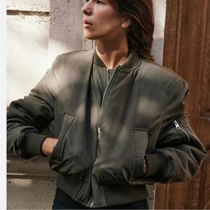 Zara Cropped Bomber Jacket Green Sz:S